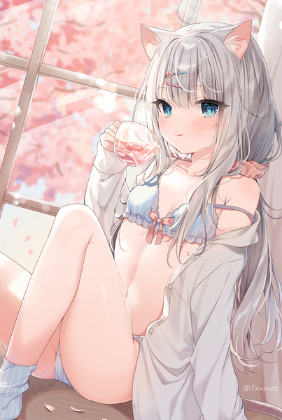 Anime picture 1067x1590 with original mafuyu (chibi21) single long hair tall image looking at viewer blush fringe breasts blue eyes light erotic smile sitting holding signed animal ears payot silver hair ahoge bent knee (knees)