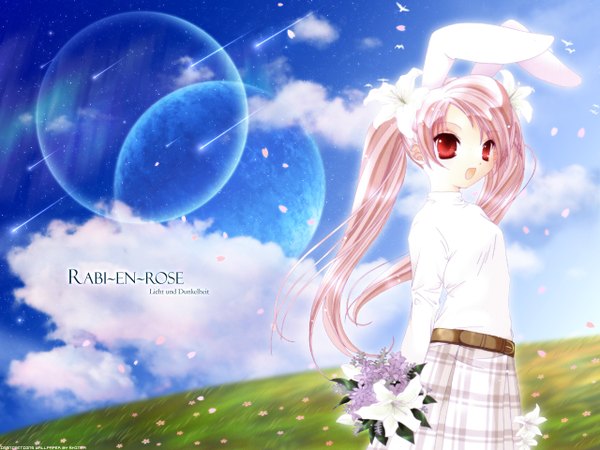 Anime picture 1280x960 with di gi charat madhouse usada hikaru rabi en rose koge donbo single long hair looking at viewer open mouth red eyes twintails signed animal ears pink hair sky cloud (clouds) outdoors hair flower bunny ears bunny girl
