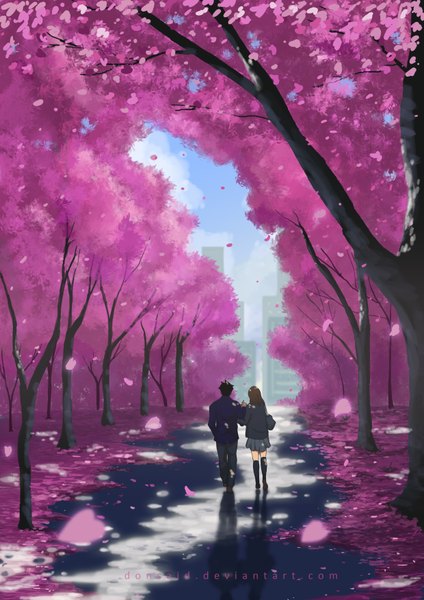 Anime picture 2480x3508 with original donsaid (dias mardianto) long hair tall image highres short hair black hair brown hair sky cloud (clouds) outdoors pleated skirt cherry blossoms girl thighhighs boy skirt uniform flower (flowers) black thighhighs