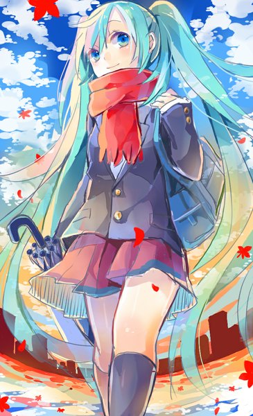 Anime picture 720x1184 with vocaloid hatsune miku kina (446964) single tall image blush smile twintails looking away sky cloud (clouds) very long hair aqua eyes aqua hair from below autumn closed umbrella girl uniform school uniform