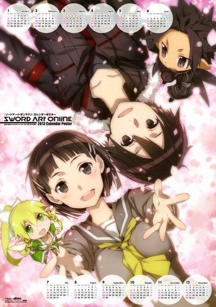 Anime picture 6220x8821 with sword art online a-1 pictures kirigaya kazuto kirigaya suguha leafa bunbun tall image blush highres short hair open mouth black hair absurdres black eyes scan chibi calendar 2013 girl boy uniform