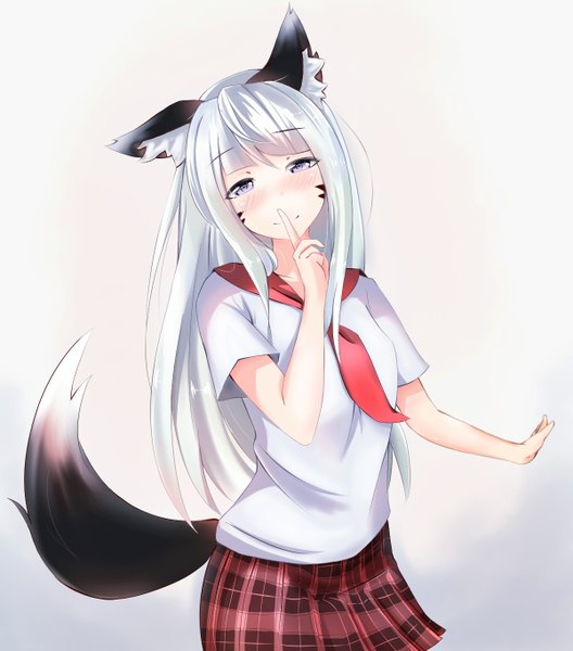 Anime picture 1200x1363 with original angry num single long hair tall image looking at viewer blush fringe smile purple eyes animal ears white hair tail head tilt animal tail pleated skirt gradient background facial mark finger to mouth plaid skirt