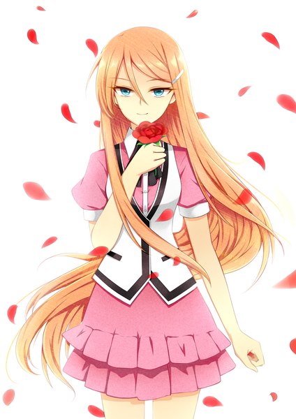 Anime picture 2893x4092 with akuma no riddle hanabusa sumireko stellencia single tall image looking at viewer highres blue eyes simple background smile white background very long hair orange hair girl dress flower (flowers) petals hairclip