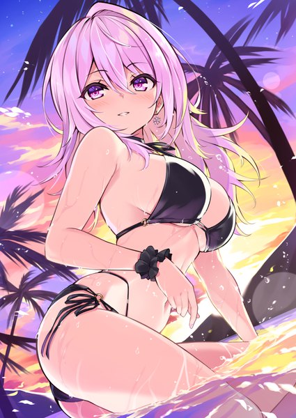 Anime picture 708x1000 with cu-no yayoi sakura hisenkaede single long hair tall image looking at viewer blush fringe breasts light erotic hair between eyes large breasts pink hair sky cloud (clouds) outdoors parted lips pink eyes wet