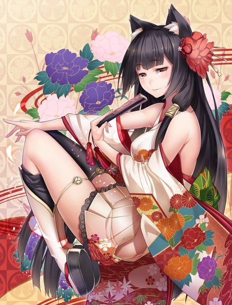Anime picture 764x1000 with original ray-akila single long hair tall image black hair bare shoulders animal ears yellow eyes hair flower cat ears cat girl girl thighhighs hair ornament flower (flowers) single thighhigh closed fan