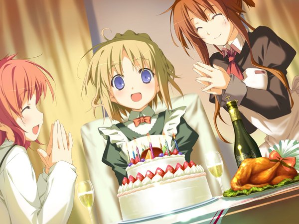 Anime picture 1600x1200 with happy margaret amagahara inaho minahase karin sakura mao kokonoka long hair short hair open mouth blue eyes blonde hair brown hair sitting multiple girls game cg red hair eyes closed maid girl food sweets