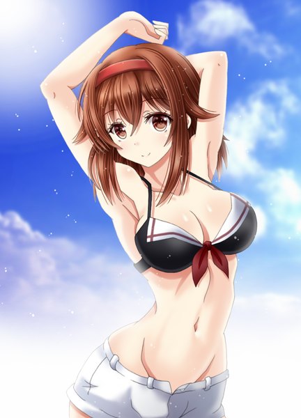 Anime-Bild 1080x1500 mit kantai collection shiratsuyu destroyer amou yuu single long hair tall image looking at viewer fringe light erotic smile hair between eyes brown hair brown eyes sky cloud (clouds) arms up armpit (armpits) groin girl swimsuit