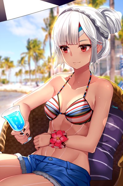 Anime picture 662x1000 with fate (series) fate/grand order altera (fate) gendo0032 single tall image fringe short hair smile sitting holding signed looking away outdoors white hair ponytail blunt bangs blurry tattoo sweat