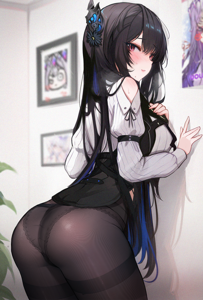Anime picture 1277x1889 with virtual youtuber hololive hololive english nerissa ravencroft nerissa ravencroft (1st costume) koahri single long hair tall image blush fringe light erotic black hair hair between eyes red eyes standing ass indoors long sleeves looking back