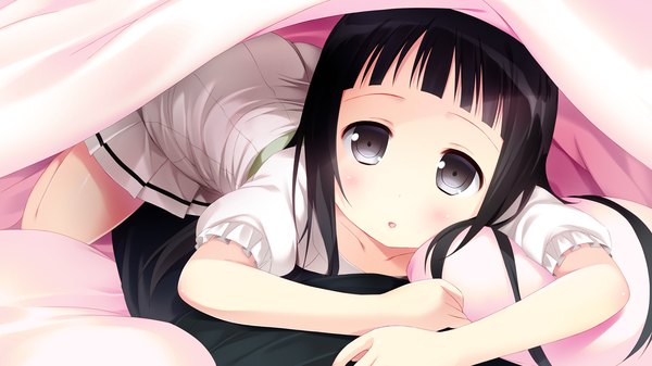 Anime picture 1280x720 with sword art online a-1 pictures yui (sao) long hair looking at viewer open mouth light erotic black hair wide image game cg grey eyes girl dress