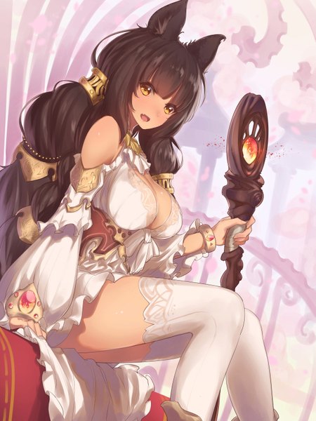 Anime-Bild 1125x1500 mit original yaman (yamanta lov) single long hair tall image looking at viewer blush fringe breasts open mouth light erotic black hair large breasts sitting twintails bare shoulders holding animal ears yellow eyes bent knee (knees)