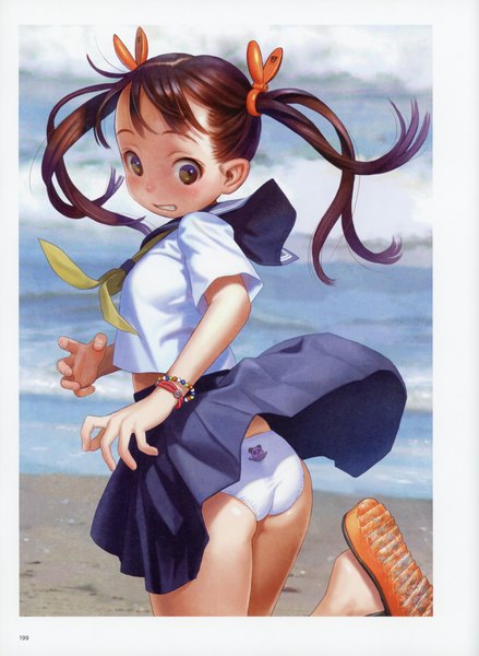 Anime picture 5092x6966 with futurelog (artbook) range murata single tall image highres light erotic smile brown hair twintails brown eyes absurdres ass pleated skirt scan short sleeves beach grin turning head border soles