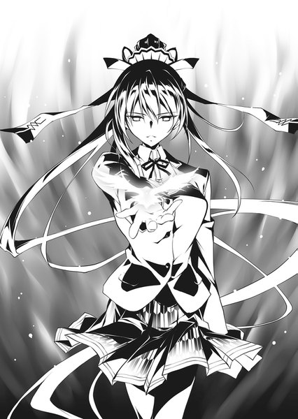Anime picture 1135x1600 with highschool dxd himejima suzaku kikurage single tall image looking at viewer fringe breasts hair between eyes standing ponytail very long hair official art floating hair magic monochrome plaid skirt novel illustration girl skirt