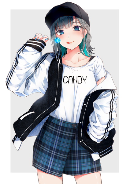 Anime picture 1800x2542 with original dabadhi single long hair tall image looking at viewer blush fringe highres blue eyes simple background standing holding blunt bangs long sleeves nail polish multicolored hair arm up fingernails grey hair