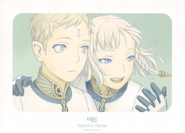 Anime picture 3344x2400 with last exile gonzo dio eracles lucciola range murata highres short hair open mouth simple background blonde hair purple eyes signed looking away absurdres white hair braid (braids) pointy ears scan official art multiple boys