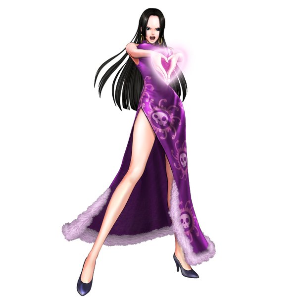 Anime picture 1280x1280 with one piece toei animation boa hancock single long hair open mouth blue eyes black hair simple background white background full body official art side slit heart hands skull print girl dress earrings heart purple dress