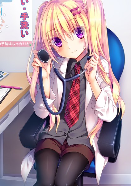 Anime picture 1771x2508 with original moe2016 yuzuki kotona single long hair tall image looking at viewer blush highres blonde hair purple eyes girl necktie shorts short shorts chair office chair stethoscope