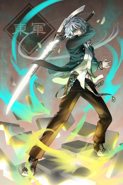 Anime picture 600x900 with original tamahagane gakuen touransai konfuzikokon single tall image short hair holding silver hair aqua eyes inscription fighting stance messy hair boy navel uniform weapon school uniform shirt sword shoes