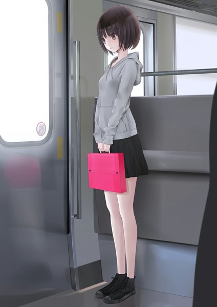 Anime picture 827x1169 with original chikuwa (odennabe) single tall image short hair black hair looking away black eyes train interior girl skirt shoes bag