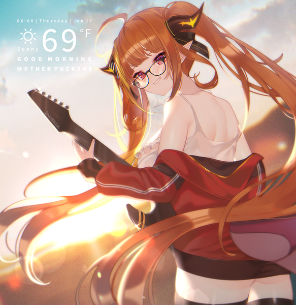 Anime picture 1050x1080 with virtual youtuber hololive kiryuu coco 2nii single tall image light erotic purple eyes twintails ahoge outdoors very long hair horn (horns) pointy ears orange hair dutch angle official alternate costume bespectacled girl glasses