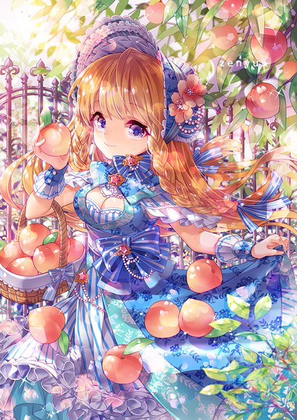 Anime picture 640x903 with original zenyu single long hair tall image looking at viewer fringe smile purple eyes holding signed braid (braids) sunlight orange hair sparkle twin braids floral print cleavage cutout center opening against fence