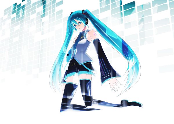Anime picture 1280x914 with vocaloid hatsune miku blue eyes twintails green eyes blue hair girl thighhighs detached sleeves