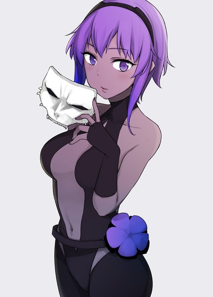 Anime picture 624x870 with fate (series) fate/grand order fate/prototype hassan of serenity (fate) kusano houki single tall image blush fringe short hair breasts light erotic simple background large breasts standing purple eyes bare shoulders holding looking away cleavage