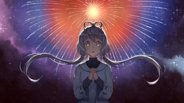 Anime picture 1920x1080 with vocaloid vocaloid china luo tianyi area (zero9971) single long hair looking at viewer blush fringe highres open mouth hair between eyes wide image twintails yellow eyes cloud (clouds) upper body long sleeves grey hair night