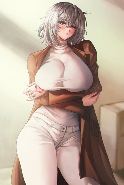 Anime picture 3576x5337 with original nompang single tall image looking at viewer blush fringe highres short hair breasts light erotic hair between eyes standing absurdres indoors long sleeves grey hair open clothes grey eyes tattoo