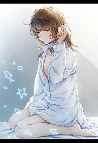 Anime picture 1000x1450 with original mono lith single long hair tall image fringe breasts light erotic brown hair sitting holding looking away cleavage full body bent knee (knees) barefoot arm up bare legs open shirt tears