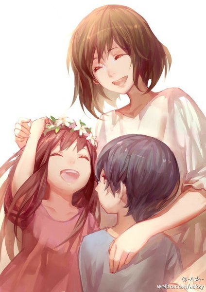 Anime picture 617x873 with ookami kodomo no ame to yuki hana (ookami kodomo) yuki (ookami kodomo) ame (ookami kodomo) ask (askzy) long hair tall image fringe short hair open mouth black hair simple background brown hair white background multiple girls brown eyes eyes closed lips short sleeves happy