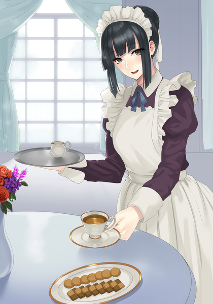 Anime picture 1400x2000 with original damegane single tall image looking at viewer blush fringe short hair open mouth black hair smile head tilt black eyes maid alternate costume girl uniform flower (flowers) ribbon (ribbons) food