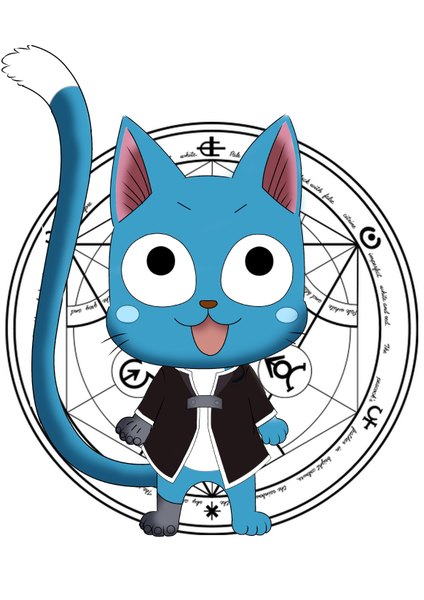 Anime picture 4653x6581 with fairy tail fullmetal alchemist studio bones edward elric happy (fairy tail) fcross single tall image highres open mouth smile white background absurdres black eyes magic vector animal cat magic circle