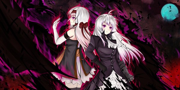 Anime picture 2000x1000 with original dusk/dawn long hair highres wide image purple eyes bare shoulders multiple girls silver hair back to back girl dress gloves 2 girls elbow gloves hairband flame