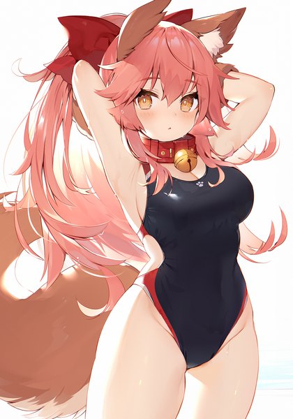 Anime picture 1051x1500 with fate (series) fate/grand order tamamo (fate) (all) tamamo cat (fate) muryotaro single long hair tall image looking at viewer blush fringe breasts light erotic simple background smile hair between eyes standing white background brown eyes animal ears