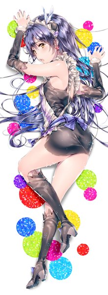 Anime picture 441x1199 with love live! school idol project sunrise (studio) love live! sonoda umi dsmile single long hair tall image blush fringe open mouth light erotic bare shoulders brown eyes purple hair bent knee (knees) ponytail lying looking back from behind