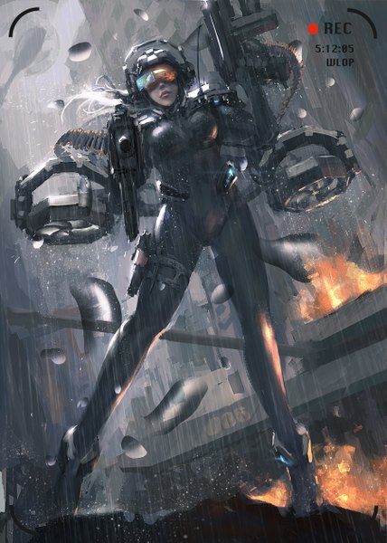 Anime picture 900x1262 with original wlop long hair tall image standing holding silver hair lips from below rain dual wielding science fiction girl weapon belt thigh strap bodysuit fire goggles helmet