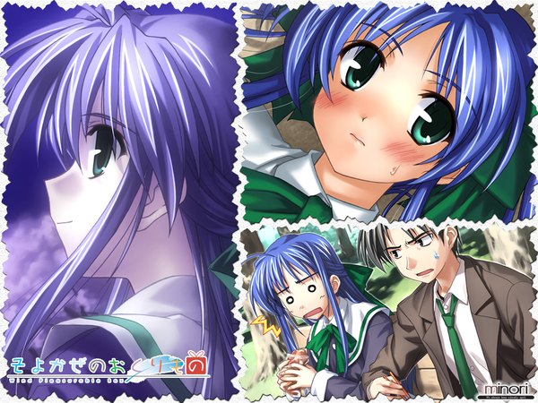 Anime picture 1280x960 with long hair short hair open mouth brown eyes green eyes blue hair light smile wind girl boy ribbon (ribbons) plant (plants) tree (trees)