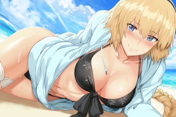 Anime picture 6000x4000 with fate (series) fate/grand order jeanne d'arc (fate) (all) jeanne d'arc (swimsuit archer) hews single long hair looking at viewer blush fringe highres breasts light erotic blonde hair smile hair between eyes large breasts payot absurdres sky