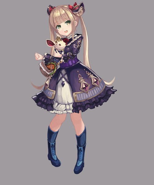 Anime-Bild 5497x6626 mit shadowverse luna (shadowverse) 2drr single long hair tall image looking at viewer fringe highres open mouth simple background blonde hair twintails green eyes payot absurdres full body blunt bangs long sleeves head tilt