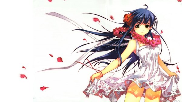 Anime picture 1920x1080 with pangya long hair highres light erotic wide image white background green eyes blue hair girl dress underwear panties flower (flowers) petals hairband