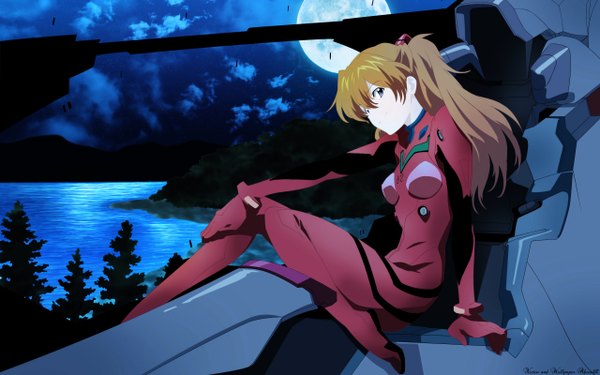 Anime picture 2560x1600 with neon genesis evangelion gainax soryu asuka langley long hair looking at viewer highres blue eyes brown hair wide image sky ponytail night night sky vector river girl ribbon (ribbons) plant (plants) hair ribbon tree (trees)