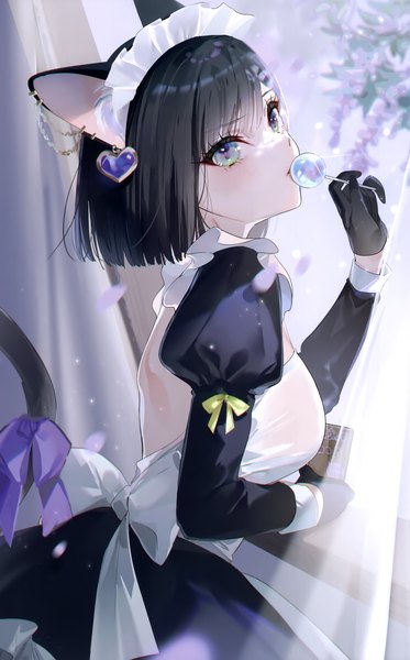 Anime picture 1871x3008 with original miwano rag single tall image looking at viewer blush fringe highres short hair black hair standing holding green eyes animal ears tail long sleeves animal tail cat ears scan maid