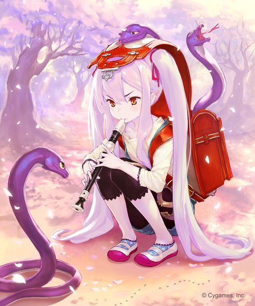 Anime picture 1000x1200 with shingeki no bahamut granblue fantasy medusa (shingeki no bahamut) hisakata souji single tall image blush fringe hair between eyes red eyes twintails outdoors white hair very long hair pointy ears watermark squat pale skin playing instrument ant