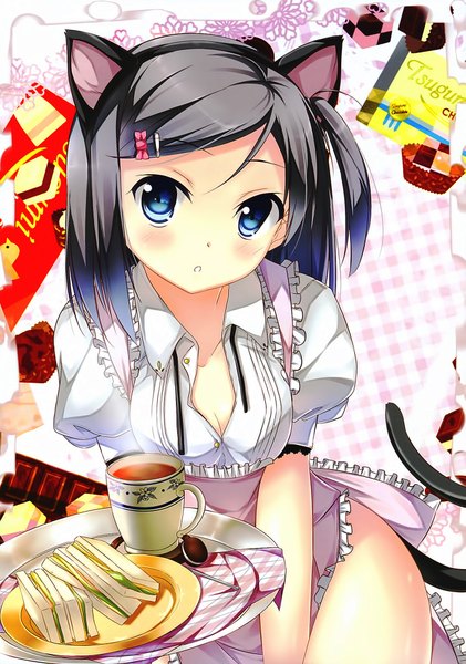 Anime picture 1403x2000 with hentai ouji to warawanai neko j.c. staff tsutsukakushi tsukiko kaho okashii single tall image looking at viewer short hair open mouth blue eyes light erotic black hair animal ears cleavage animal tail cat ears open clothes cat girl cat tail one side up