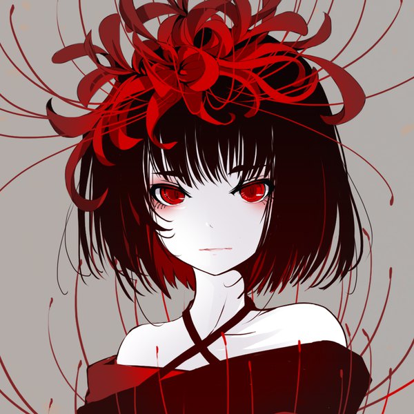 Anime picture 1500x1500 with original sanamisa single looking at viewer blush fringe short hair black hair simple background red eyes bare shoulders upper body red hair multicolored hair hair flower off shoulder grey background two-tone hair portrait colored inner hair