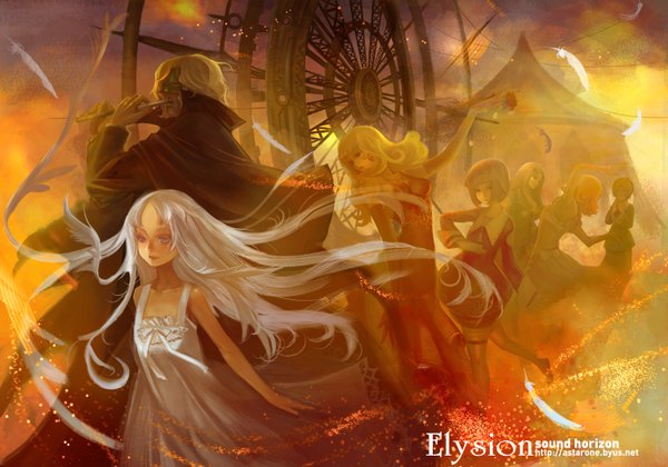 Anime picture 1500x1052 with sound horizon elysion elice (sound horizon) yield soror stardust baroque abyss sacrifice astarone long hair short hair blonde hair multiple girls signed white hair inscription grey eyes group 6+ girls