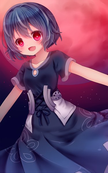 Anime picture 777x1242 with black bullet kinema citrus hiruko kohina nachi single tall image looking at viewer blush short hair breasts open mouth black hair pink eyes night short sleeves black background flat chest spread arms messy hair red moon