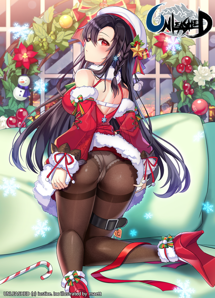 Anime picture 1535x2126 with unleashed maett single long hair tall image blush fringe breasts light erotic black hair hair between eyes red eyes large breasts payot bent knee (knees) ass braid (braids) head tilt looking back from behind