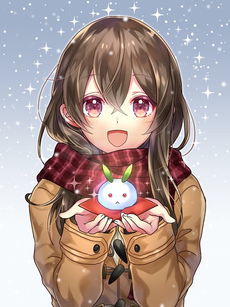 Anime picture 750x1000 with original shione (memento forest) single long hair tall image looking at viewer fringe hair between eyes brown hair purple eyes holding upper body sparkle girl scarf coat red scarf plaid scarf snow rabbit